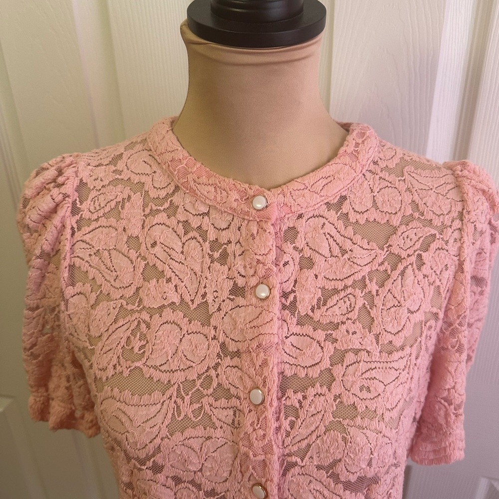 Chic Lace Button-Up Blouse in Soft Pink - Picture 2 of 5